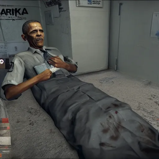 Image similar to obama as a dead body in escape from tarkov, gameplay screenshot, ingame