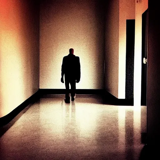 Image similar to man by evil walking the hall. footage of terrifying disfigured persob roaming dark hall, very gory hyperrealistic vivid horror. photographed by dr seuss on instagram in full colour hd hdlr photography by national geographic