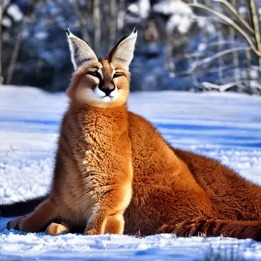 Image similar to fullbody photo still of sleepy fat chubby caracal, lying sleeping on snowy ice, big stomach, fullbody, sunny winter day