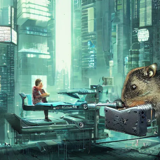 Image similar to cyberpunk scientist making cyber-rat in his hub, wide angle view, sci-fi, high definition details hyperrealistic, digital art, artstasion, deep depth of field