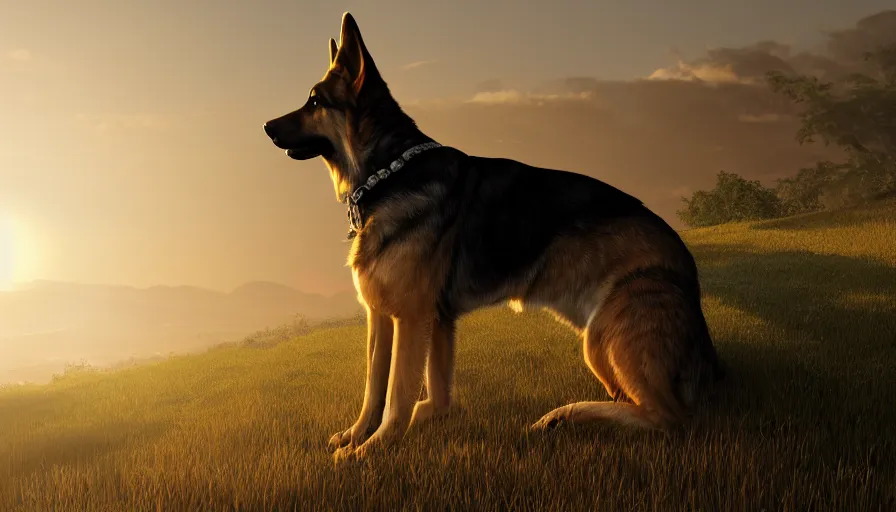 Image similar to back view of german shepherd watching the sun sitting on the hill, hyperdetailed, artstation, cgsociety, 8 k