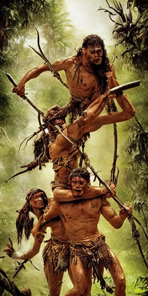 Prompt: battle in jungle, brutal aztec and Amazonian fight, epic, vintage, blood, slight inspiration of Boris vallejo and apocalypto, war photography