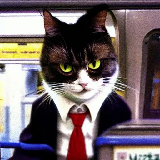 Image similar to “ a angry cat wearing a suit riding the subway in new york city, studio ghibli, spirited away, by hayao miyazaki ”