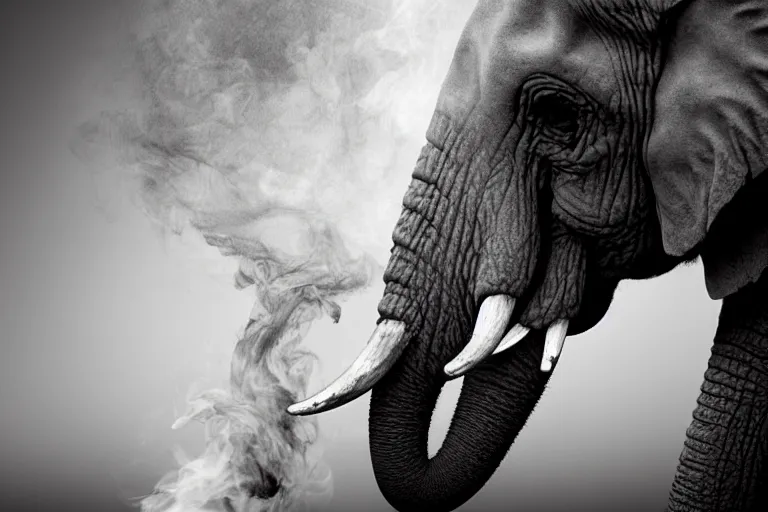 Image similar to ultra realistic photography, picture of ( subject : an elephant blowing smoke ). the scene is set in a gentlemens cigar lounge, a very smokey atmosphere, small thick clouds of cigar smoke, artstation, focus on the elephant, anatomically correct elephant features, extremely detailed and crisply sharp photo, hyperrealistic smoke, figma, sigma, 4 k