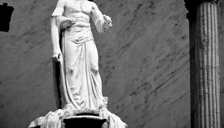 Image similar to 1 9 6 0 s movie still close - up of caligula in a white toga heavy bleed on ancient amphitheater, cinestill 8 0 0 t 3 5 mm, high quality, heavy grain, high detail, dramatic light, anamorphic, blood