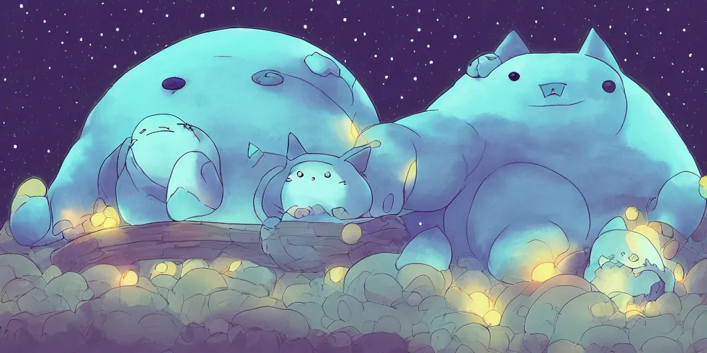 Prompt: giant glowing wireframe snorlax totoro, mountain landscape, night sky, digital art, digital painting, celestial, majestic, colorful