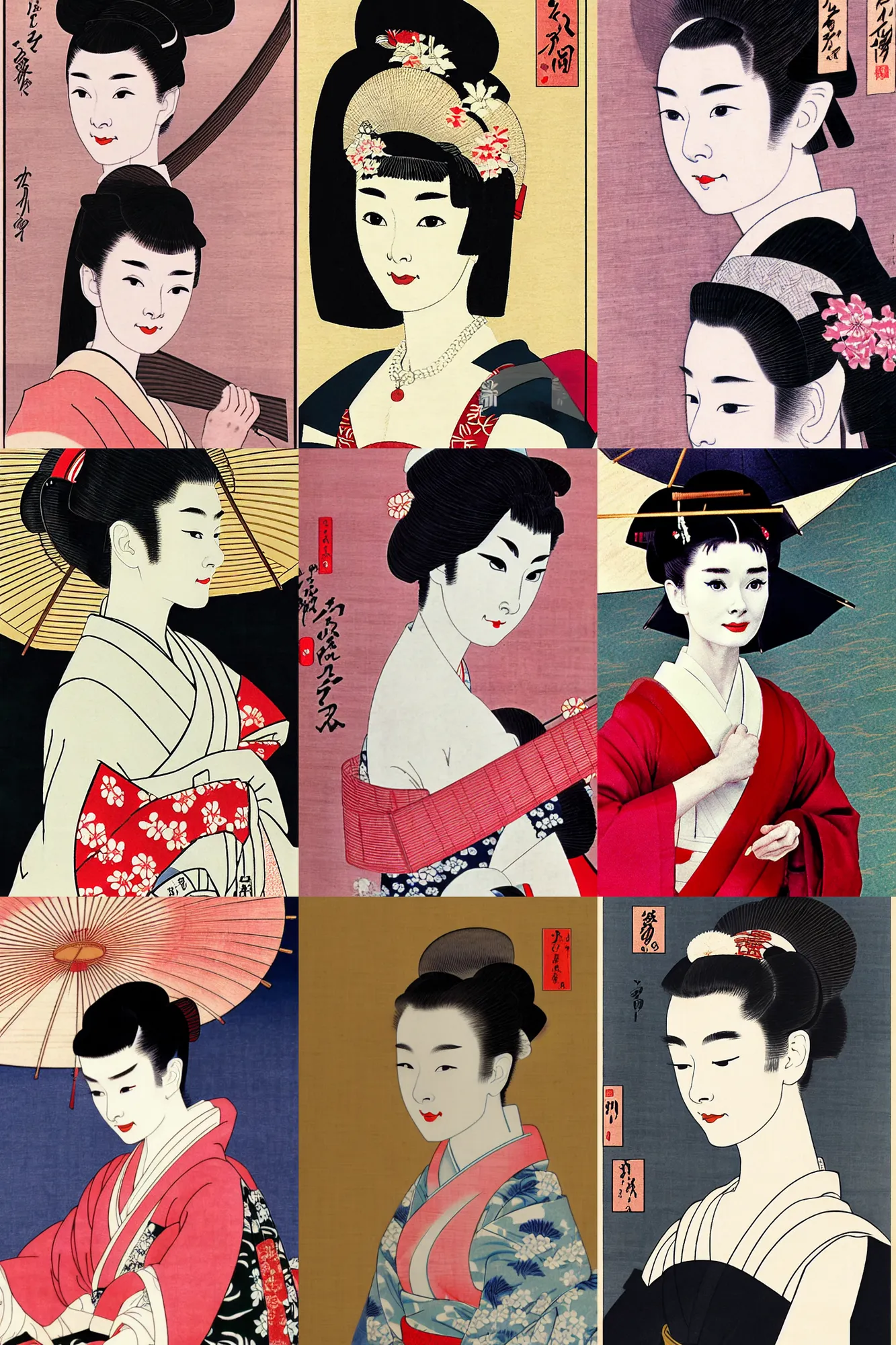 Prompt: young audrey hepburn as maiko in ukiyo - e art, by shimura tatsumi, ultra detailed, 4 k, photo real