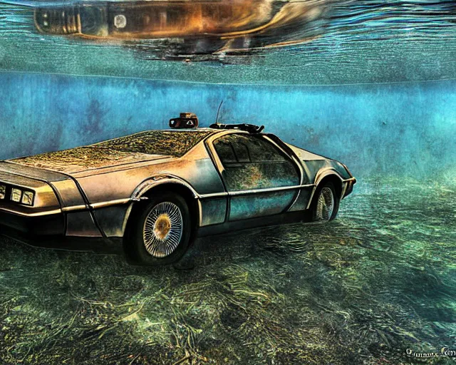 Image similar to delorean rusting submerged under water, cinematic, photoreal, by greg rutowski, by alphonse mucha, by stanley artgerm