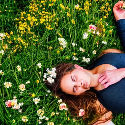 Prompt: girl laying down in the lawn full of flowers that smells like honey amongst forest with her soul connected to the nature around her