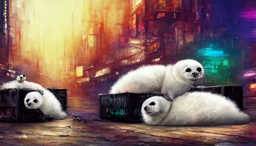 Prompt: highly detailed painting of cute furry white baby seals cuddled up in a cardboard box in a dystopian cyberpunk street by william turner, thick brush strokes and visible paint layers, 4 k resolution, retrowave colour scheme