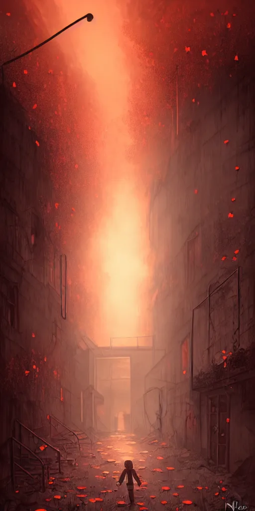 Image similar to abandoned apocalyptic old alley filled with monsters with a kid at the centre, trees and stars background, falling petals, epic red - orange sunlight, perfect lightning, illustration by niko delort,