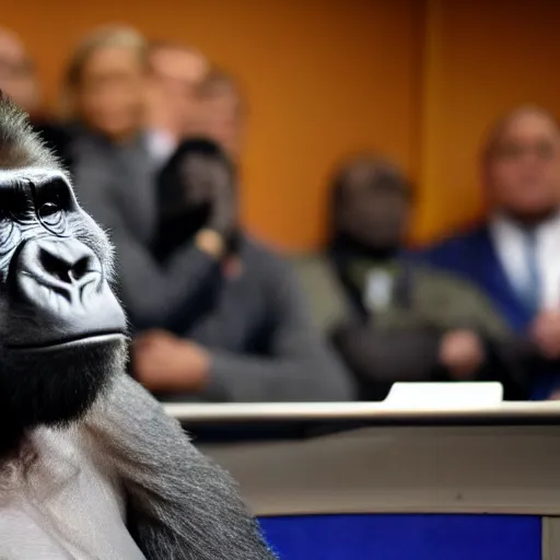 Image similar to an image of a gorilla sitting in a chair in the presidental press briefing room, hyper realistic, 4 k, depth of field.