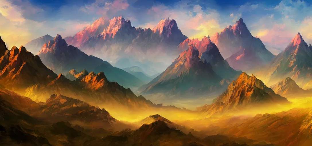 Prompt: vast mountain landscape, craggy, mountains, magic the gathering, three - colors, three - color color palette, panoramic, wide angle, horizon, 4 k resolution,