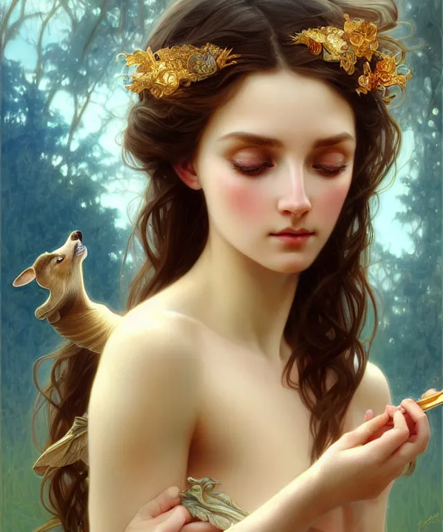 Prompt: young goddess feeding a dear, portrait, blue eyes, beautiful face, long hair, head in focus, fantasy, ornamental, intricate, elegant, sensual, highly detailed, digital painting, artstation, concept art, smooth, golden ratio, sharp focus, illustration, art by artgerm and Greg Rutkowski and Alphonse Mucha and Karol Bak