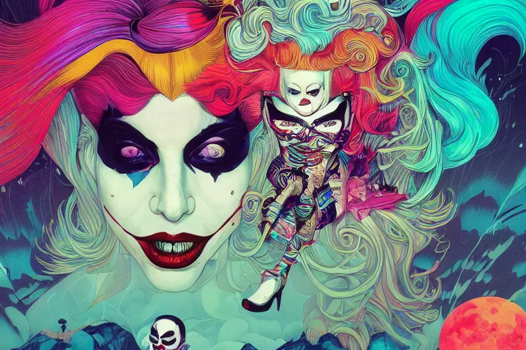 Prompt: stunning portrait of lady gaga as harley quinn as the joker by victo ngai, kilian eng vibrant colors, winning - award masterpiece, fantastically gaudy, aestheticly inspired by beksinski and dan mumford, 4 k upscale with simon stalenhag work, sitting on the cosmic cloudscape