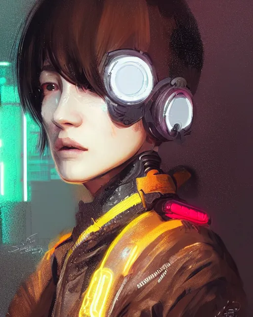 Prompt: detailed portrait Neon guard girl with very short brown hair seen from the back, cyberpunk futuristic, reflective puffer jacket, black leggings, decorated with traditional Japanese ornaments by Ismail inceoglu dragan bibin hans thoma, Perfect face, fine details, realistic shaded, fine-face, pretty face