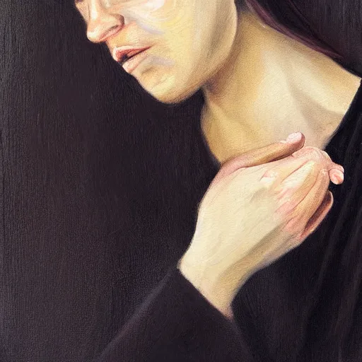 Prompt: portrait of a expressionless woman holding a note on her hand while she cries, realistic detailed painting
