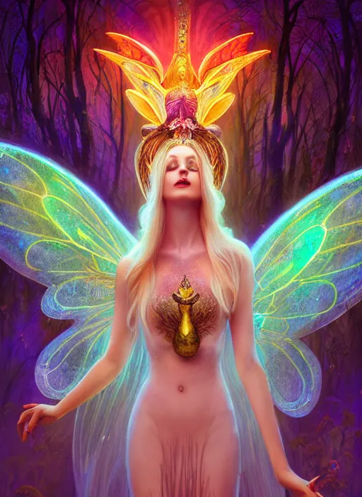 Prompt: stunningly beautiful female faerie priestess in amanita muscaria forest landscape, symmetrical wings on back, neon hair, fantasy art, wearing a dress of gossamer gold, inner glow, dark light night, sharp focus, digital painting, 4 k, concept art, art by wlop, greg rutkowski and alphonse mucha, brom, face by otto schmidt