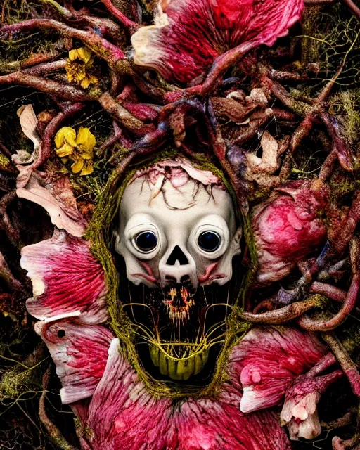 Prompt: a extremely disturbing horror photograph of a creature made out of rotten flowers and nature and fungus, intricate intertwining, hyperrealism, sharp focus, cinematography, highly detailed, octane render, horror cgi 4 k, matte, photograph by professional photographer