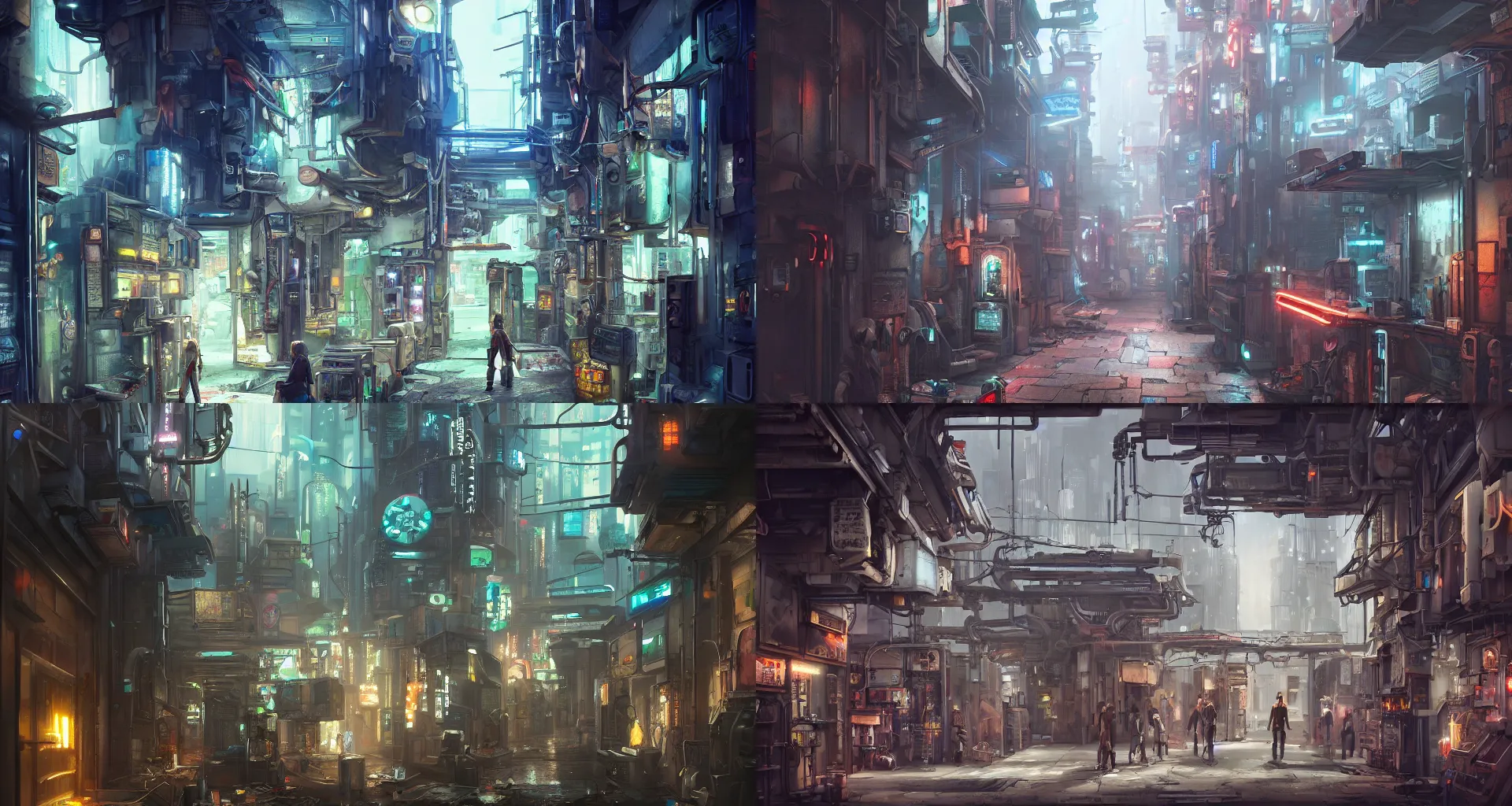 Prompt: matte painting of cyberpunk sci - fi alleyway with mechanical robotic shop inside people are working on robotics, in style of hayao miyazaki, by studio ghibli, hyper detailed, 8 k hdr, artstation, cg render