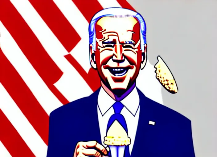 Image similar to political cartoon, joe biden eating an ice cream cone, white background, realistic, detailed