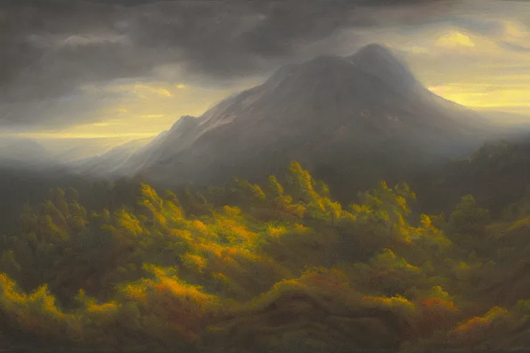 Prompt: a masterclass painting of a gloomy twilight forest mountain landscape. a giant tangled robotic structure is hanging from the sky in the middle of the landscape, not touching the ground