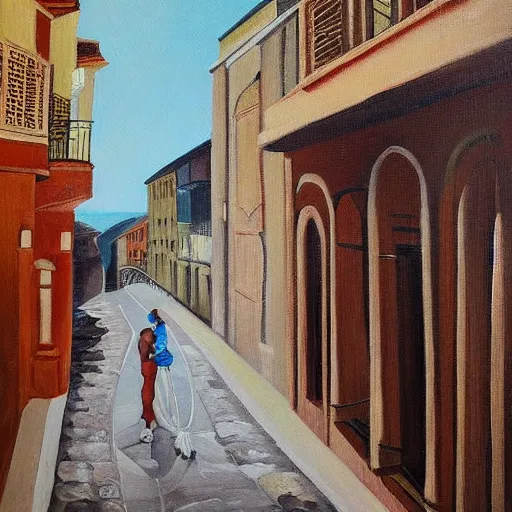 Image similar to our lost honeymoon by clara memette. painting inspired by italian streets. dim romanticism