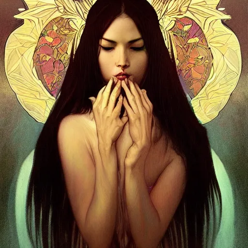 Image similar to A portrait of A beautiful!!!! angel in black flames by Ross Tran!! and alphonse mucha and greg rutkowski and Zdzisław Beksiński!!,In style of digital art illustration.Symmetry.Beautiful features.Fantasy,smooth,hyper detailed,sharp focus,Soft light.trending on artstation.4k