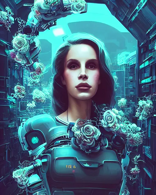 Image similar to portrait of lana del rey as a cyberpunk cyborg. roses, sci - fi, intricate abstract upper body intricate artwork, by tooth wu, wlop, beeple, dan mumford. concept art, octane render, deviantart, greg rutkowski, cinematic arthouse, key art, hyper realism, iridescent accents