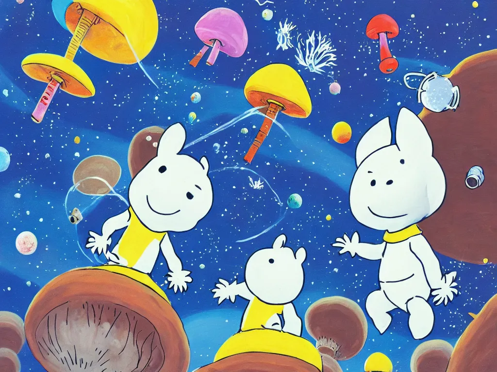 Image similar to moomins in space suits flying around with jetpacks discovering the mushroom planet, photorealistic painting