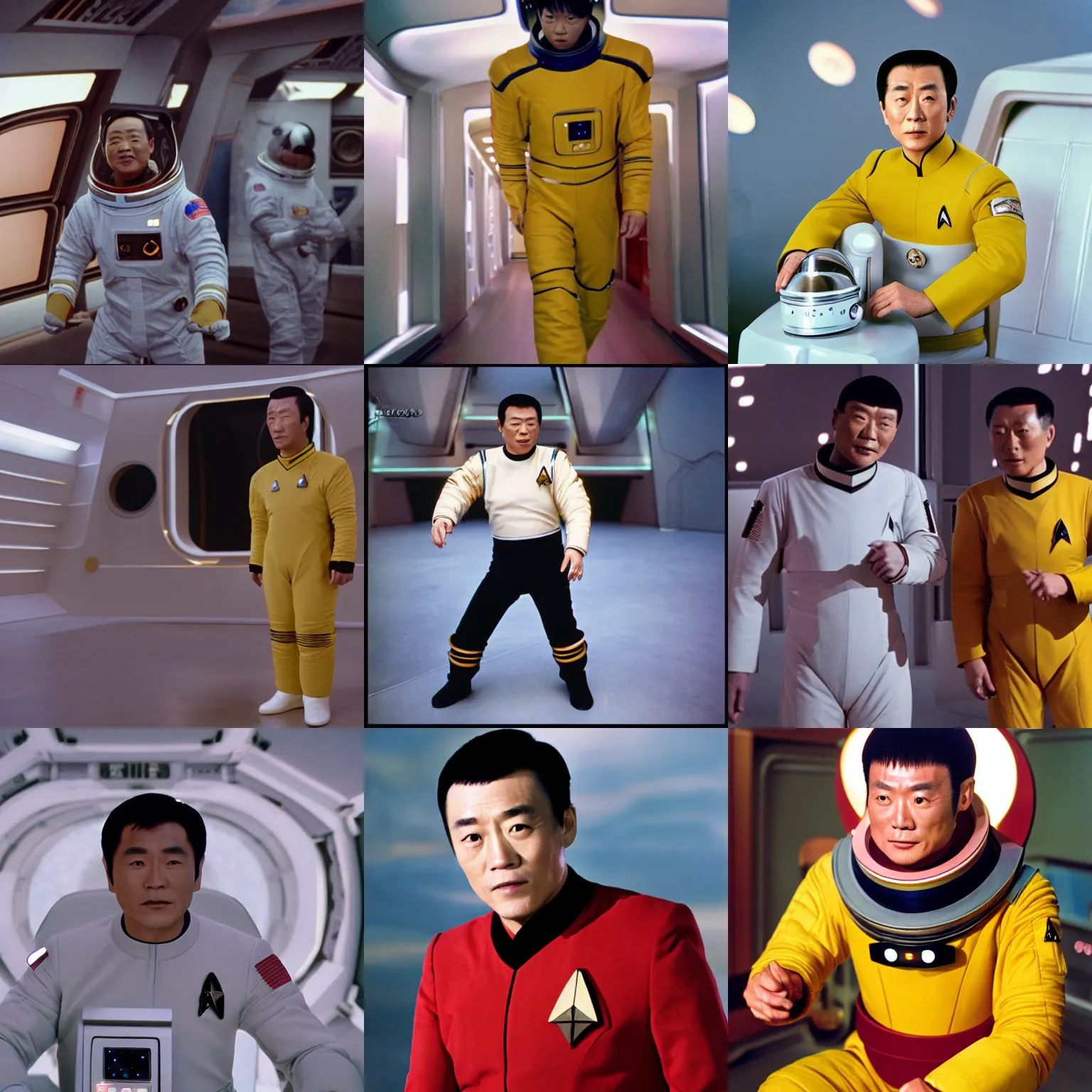 Prompt: Kodak portra 160, 4K: famous chinese actor in low budget star trek movie remake, space walk scene