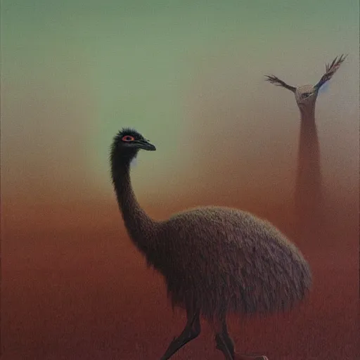 Prompt: an emu as a zdzisław beksinski painting