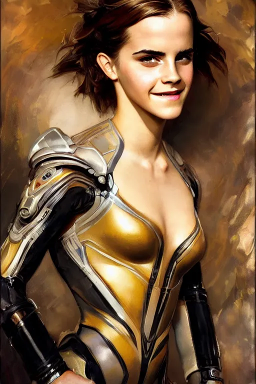Image similar to emma watson smiling closeup portrait futuristic fractal fightsuit bustier gaston bussiere craig mullins j. c. leyendecker short wet hair