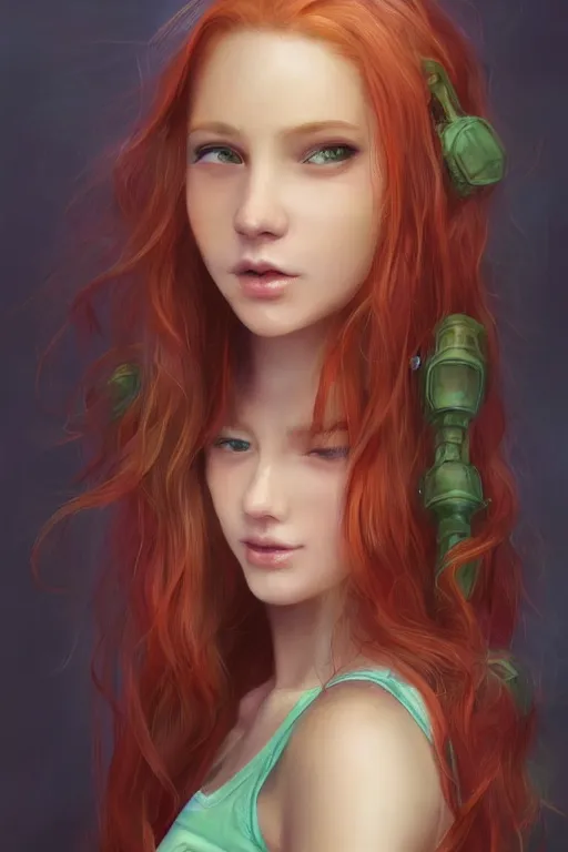 Image similar to beautiful cute red haired joyful and playful nineteen year old maiden standing up in casual green clothing, long hair, attractive face, modern city, rpg character, sci - fi, fantasy, intricate, elegant, digital painting, artstation, concept art, smooth, 8 k frostbite 3 engine, ultra detailed, art by artgerm magali villeneuve