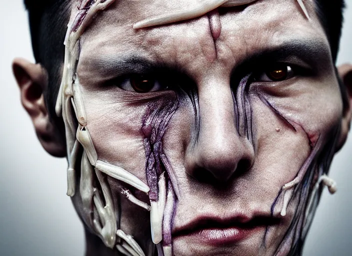 Image similar to mid shot portrait of samurai with transparent skin, visible muscle and bones and veins and nerves and internal organs, in the style of david cronenberg, high fashion, id magazine, realistic, sharp focus, 8 k high definition, film photography, photo realistic, insanely detailed, by david kostic and stanley lau and artgerm