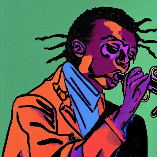 Image similar to miles davis in the style of daniel johnston, 4k