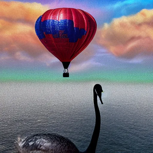 Image similar to realistic extremely detailed photo style painting of a hot air balloon with a picture of two black swans swimming, touching heads, forming a heart with their necks, granular detail, holographic krypton ion, octane render, 4k, f32,55mm photography, wide angle