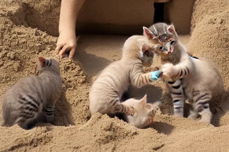 Image similar to two kittens touching a sand castle with two children