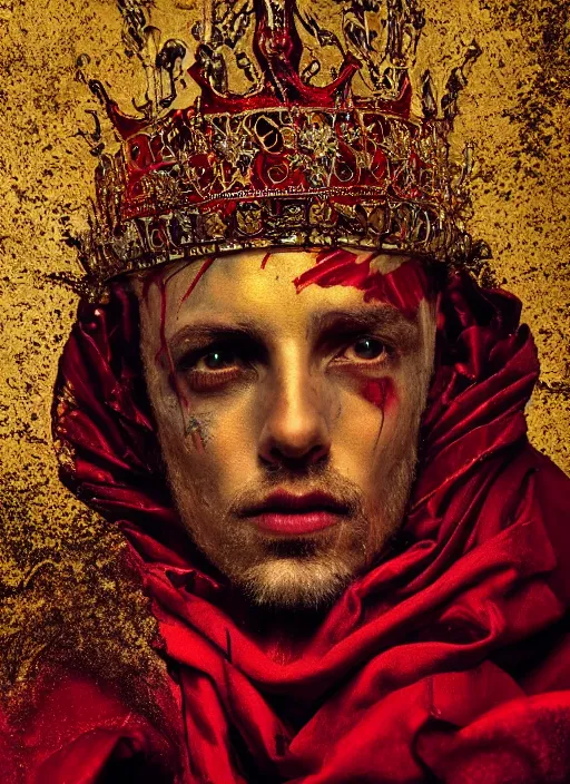 Image similar to 'Portrait of Crowned King Arthur' by Lee Jeffries royally decorated, whirling plasma, atmospheric motes, red and gold Sumptuous garb, gilt silk fabric, radiant colors, fantasy, perfect lighting, studio lit, micro details,