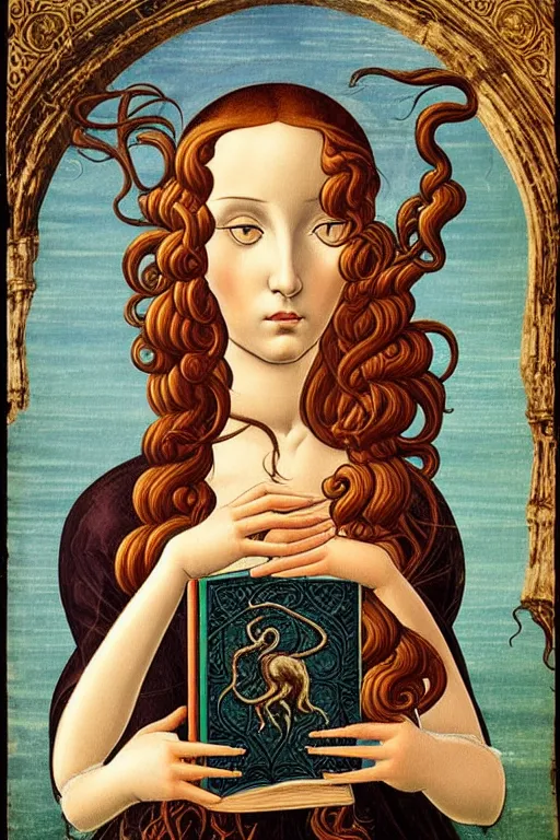 Image similar to botticelli illustration of romantic girl, her cat and her book of necronomicon, symmetrical, cinematic, sharp focus, 4 k, ultra hd, sense of awe, sinister demonic atmosphere, dreadful, forbidden knowledge, old gods, cthulhu, yog - sothoth! yah, yah, yah! cultist journal cover