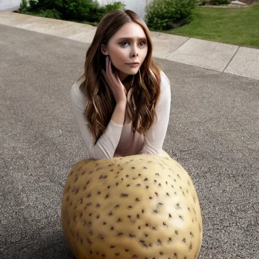 Image similar to elizabeth olsen sitting in a hollowed out potato, elizabeth olsen in a potato suit, on the walkway