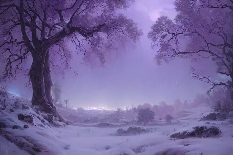 Image similar to a beautiful oil painting of a valley covered in snow, trees with purple, thunderstorm in the sky, blue lighting, gloomy, atmospheric lighting, detailed, beautiful!!, purple bioluminescence, by greg rutkowski, trending on artstation