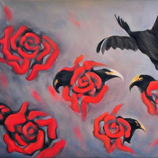 Prompt: flock of ravens in the shape of a rose. painting, oil on canvas