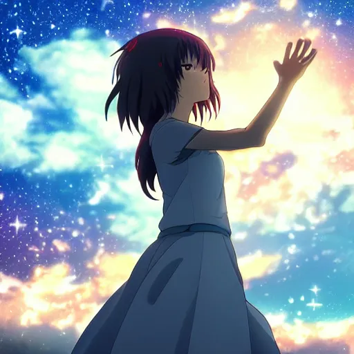 Image similar to key anime visual of a girl looking at a sky full of stars, detailed digital painting, sharp official media, extreme wide shot cold backlit beautiful lighting, stunning vfx