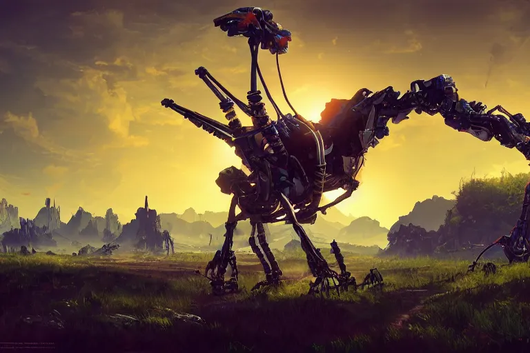 Image similar to longleg machine mecanical creature robot of horizon forbidden west horizon zero dawn radiating a glowing aura global illumination ray tracing hdr fanart arstation by ian pesty and alena aenami artworks in 4 k