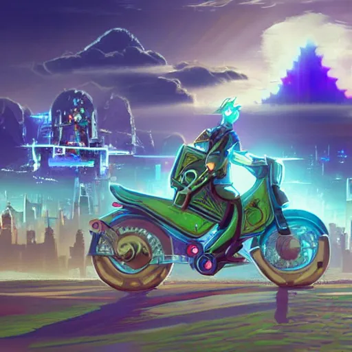 Prompt: the legend of zelda futuristic cyberpunk landscape, link rides a motor cycle under the robot moon