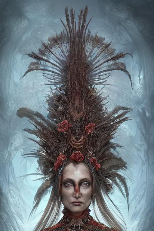 Prompt: a beautiful detailed 3 d matte painting tanned female empress of the dead, by ellen jewett, tomasz alen kopera and justin gerard | symmetrical, native american, ominous, magical realism, texture, intricate, ornate, royally decorated, skull, skeleton, whirling smoke, embers, red adornments, red torn fabric, radiant colors