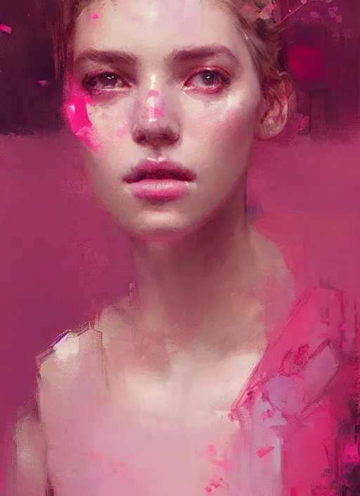 Image similar to portrait of a beautiful girl, shades of pink, beautiful face, rule of thirds, intricate outfit, spotlight, by greg rutkowski, by jeremy mann, digital painting