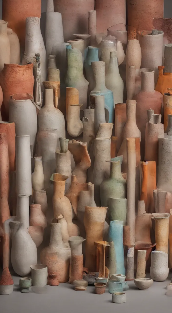 Prompt: an alchemical laboratory of vapour voices made from ceramic vessels, air flow, clay, no humans, vapour, larynx, oesophagus, clay pipes, 8 k, unreal, high resolution, vivid rusty colours,