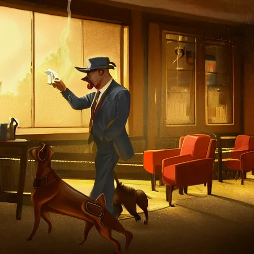 Image similar to a dog wearing a business suit smoking a cigar, dramatic lighting, cinematic, establishing shot, extremly high detail, photorealistic, cinematic lighting, concept art, artstation, style by greg rutkowsky